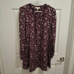 Onetheland Women Maroon Floral Cotton Henley Dress Long Sleeve Ruffle Neck M